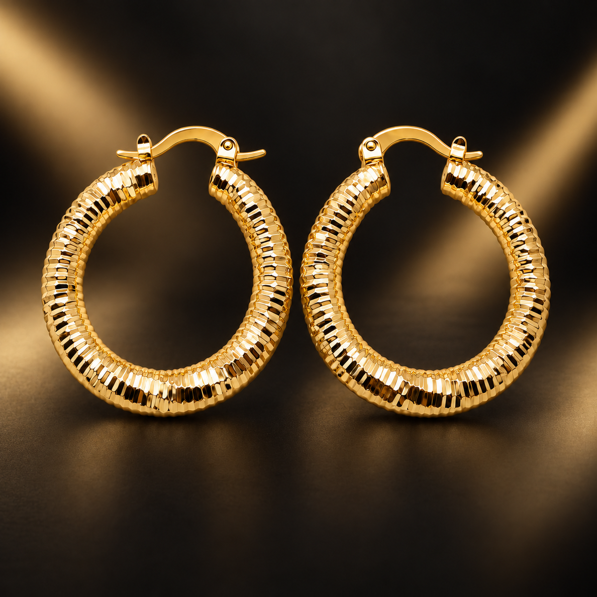 14K Gold Ribbed Hoop Earrings